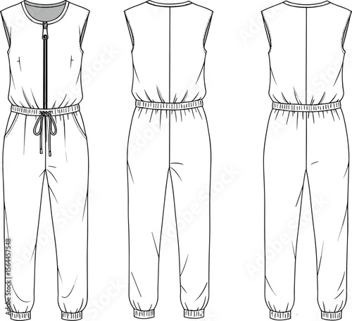 Sleeveless jumpsuit front and back technical sketch with zipper, drawstring waist and cuffs, cad fashion flat vector illustration
