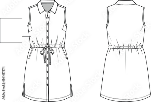 Sleeveless shirt dress front back view, drawstring waist, button-up design, pocket detail, CAD technical fashion flat vector illustration