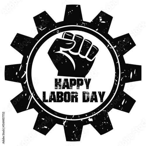 Black fist inside gear with text cogwheel labor