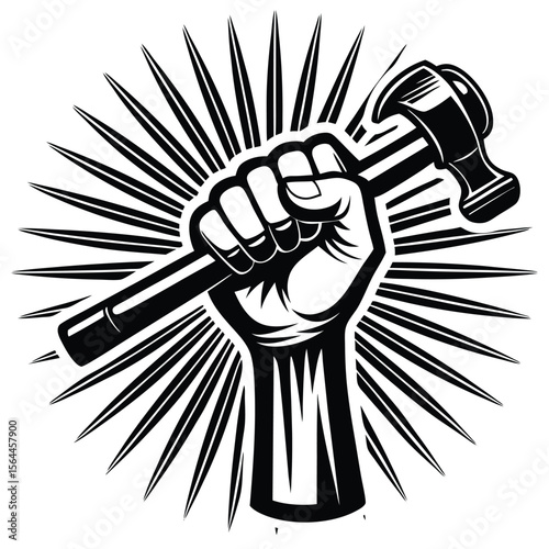 Clenched fist holding hammer black white