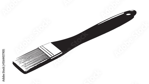 A black silhouette of a paint brush with bristles and a handle on a white background