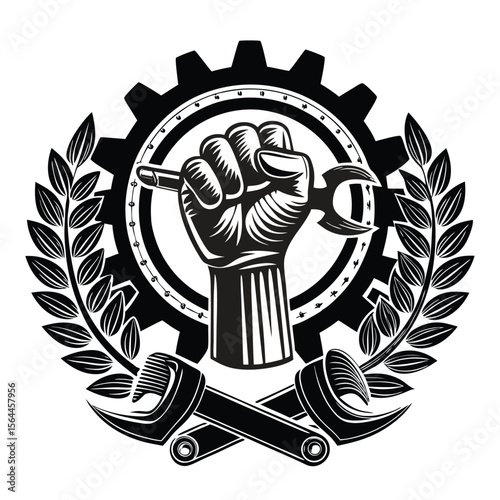 Clenched fist holding wrench within gear and laurel wreath