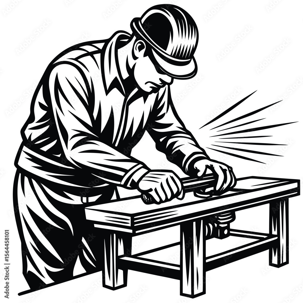 Fototapeta premium Craftsman planing wood with tool worker woodworking