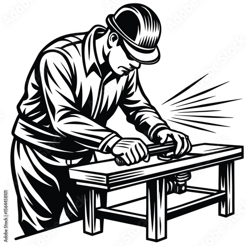 Craftsman planing wood with tool worker woodworking