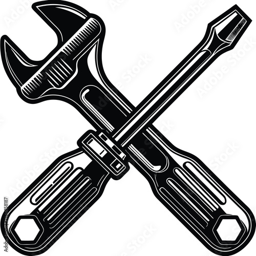 Crossed wrench and screwdriver illustration tool repair