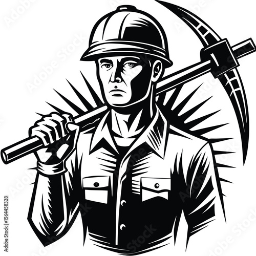 Determined miner holding pickaxe helmet work