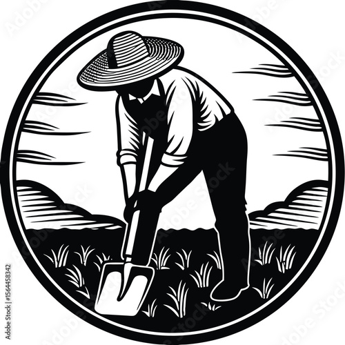 Farmer digging in field shovel agriculture