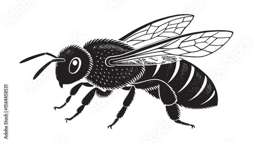 Detailed black and white illustration of a honey bee in silhouette style