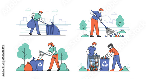 Illustrations of people cleaning up litter and recycling trash in public spaces for a cleaner environment and community engagement activities