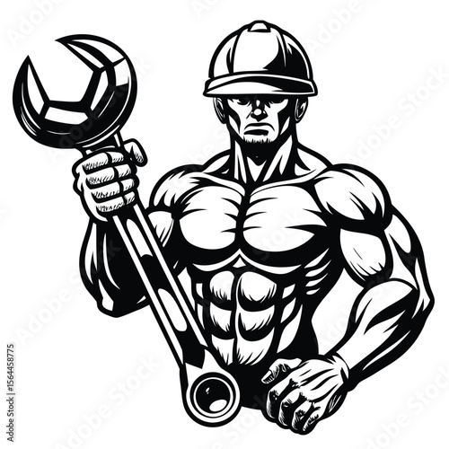 Muscular mechanic holding large wrench worker tool