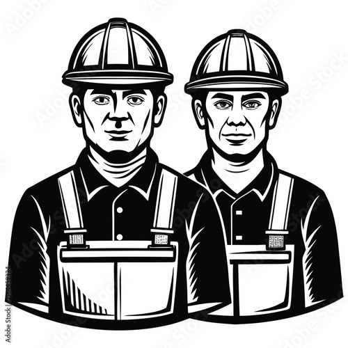 Two men construction workers hard hats overalls