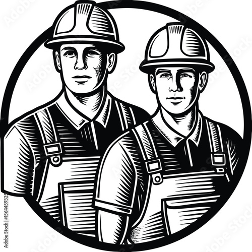 Two men construction workers hard hats overalls
