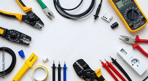 electrician equipment on white background with copy space. top view