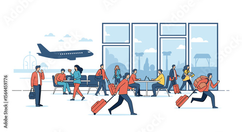 Diverse group of people traveling by air experiencing busy airport terminal activities and waiting for flights