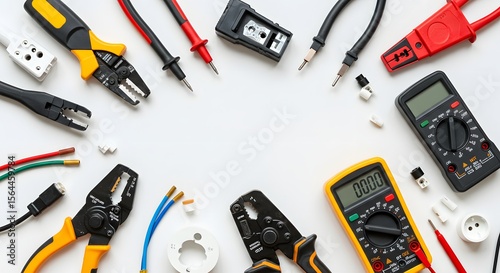 electrician equipment on white background with copy space. top view