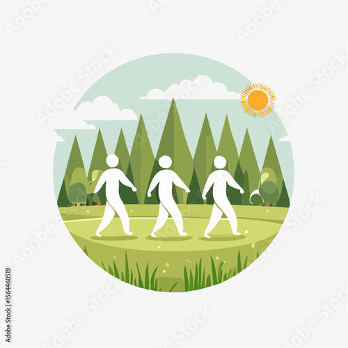 Stylized landscape with humans walking barefoot on grass, practicing mindfulness and connecting with nature