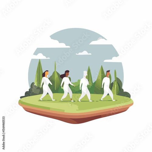 Stylized landscape with humans walking barefoot on grass, practicing mindfulness and connecting with nature