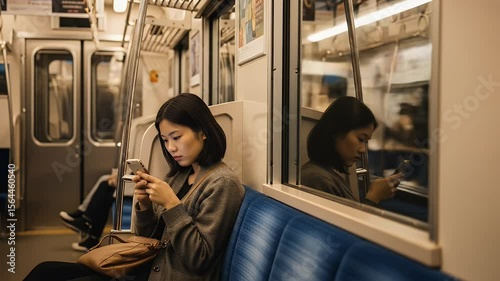 Woman using smartphone on a commuter train modern transit scene
