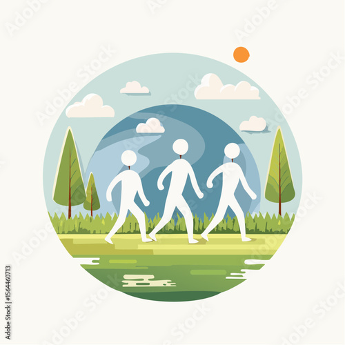 Stylized landscape with humans walking barefoot on grass, practicing mindfulness and connecting with nature