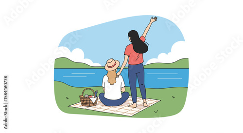 Two Friends Enjoying a Beautiful Outdoor Picnic by a Serene Lake on a Sunny Day