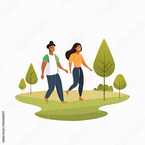 Stylized landscape with humans walking barefoot on grass, practicing mindfulness and connecting with nature