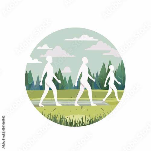 Stylized landscape with humans walking barefoot on grass, practicing mindfulness and connecting with nature