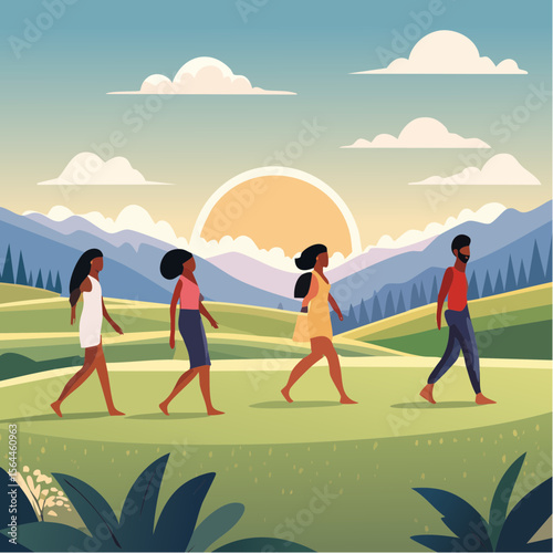Stylized landscape with humans walking barefoot on grass, practicing mindfulness and connecting with nature