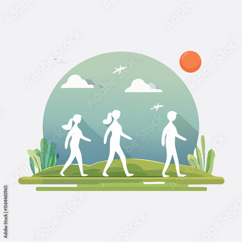 Stylized landscape with humans walking barefoot on grass, practicing mindfulness and connecting with nature