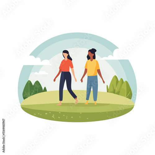 Stylized landscape with humans walking barefoot on grass, practicing mindfulness and connecting with nature