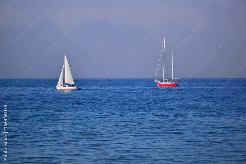 Obraz premium Northern Light sailboat Joshua 42 Ketch in the natural harbour of Baiona Bay. A place of reference for solitary sailors on long sea routes