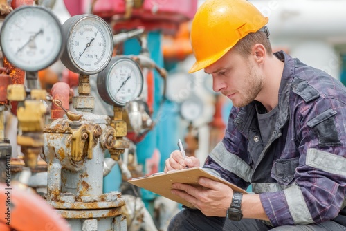 Young male technician in a safety helmet conducts inspection and documentation at an industrial site with pressure gauges and valve systems, reflecting diligence and safety practices.