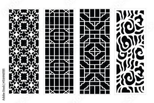 Four Seamless Geometric Vector Patterns Asian Style Inspired Panels Black And White