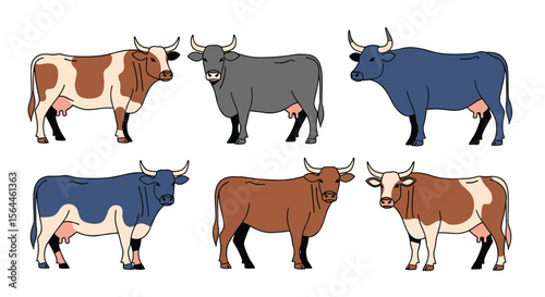 A charming collection of six diverse cows standing proudly showcasing their unique patterns and colors in a farm setting