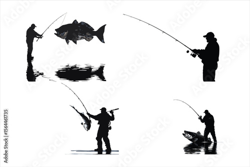 silhouette of a man with fishing rod, fishing, silhouette, fisherman, vector, illustration, people, fish, black, sport, angler, water, rod, soldier, art, leisure, lake, abstract, sunset, boat, war