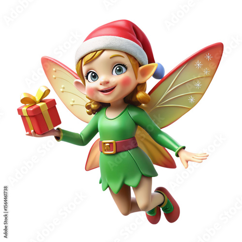 3d christmas fairy with gift on transparent background