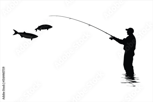 silhouette of a man with fishing rod, fishing, silhouette, fisherman, vector, illustration, people, fish, black, sport, angler, water, rod, soldier, art, leisure, lake, abstract, sunset, boat, war