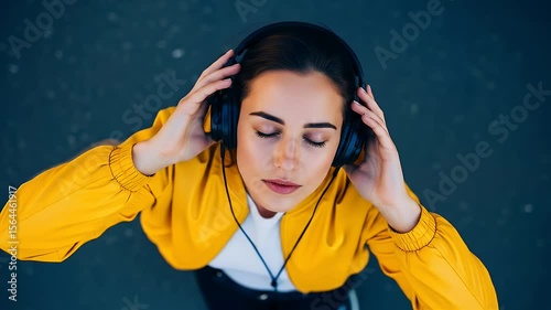 Woman wearing headphones and mustard yellow jacket listening to music overhead view