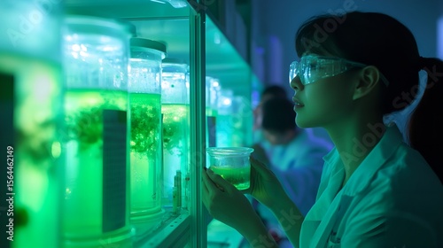 Female Scientist Researching Algae for Biofuel in a Futuristic Laboratory.