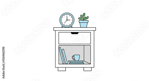 Minimalist Bedside Table Design with a Modern Alarm Clock and Potted Plant on Top Plus Books and Cup Inside
