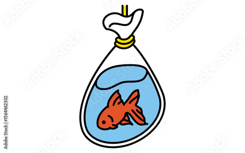 金魚すくいですくった金魚のシンプルな線画イラスト、夏のアイソメトリックイラスト
