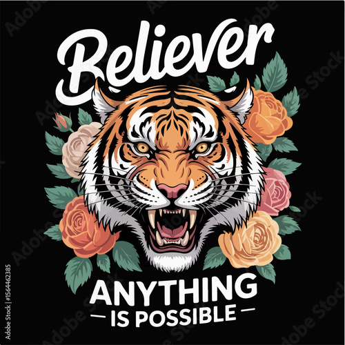 Tiger with roses believer anything is possible t shirt