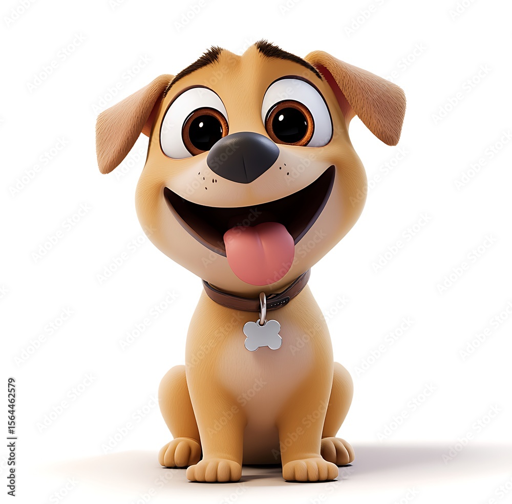 Naklejka premium 3D cartoon happy cute dog with big eyes, on a white background
