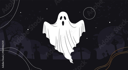 Spooky Ghost Floating Through a Dark Halloween Cemetery on a Moonlit Night with Twinkling Lights and Festive Decorations