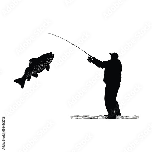 silhouette of a man with fishing rod, fishing, silhouette, fisherman, vector, illustration, people, fish, black, sport, angler, water, rod, soldier, art, leisure, lake, abstract, sunset, boat, war
