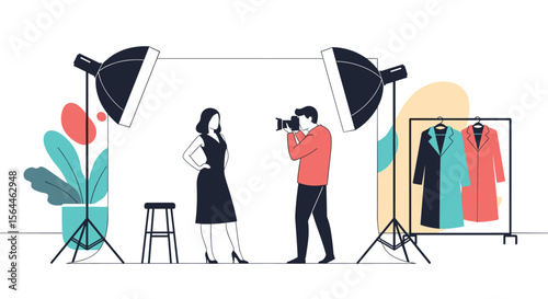 Professional Fashion Photography Studio Session Capturing Model Poses with Lighting Equipment and Garments