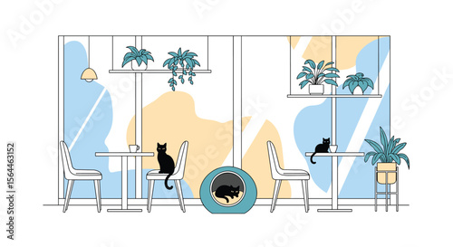 Cozy Modern Interior Design Featuring Two Black Cats Relaxing Among Potted Plants and Abstract Window Art