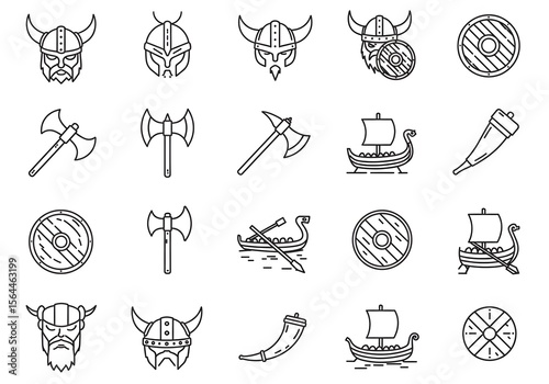 Collection of Viking Age Icons Line Art Graphics: Helmets, Axes, Ships, and Shields