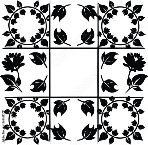 Floral Vector Pattern: Black & White Botanical Design with Flowers, Leaves, & Circular Motifs
