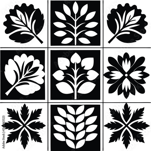 Black and White Floral Tile Pattern: Botanical Vector Design, Decorative Ornament, Nature Inspired Art