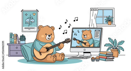 A cute bear learns to play the guitar by watching an online tutorial on his computer while cozy in his room with plants and books